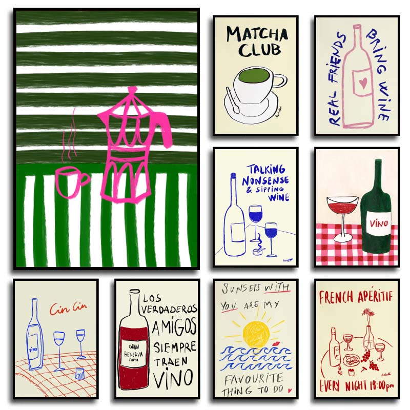 Coffee Tea Drawing - Kolorowe Rysunki Abstrakcyjna Sztuka Plakaty z